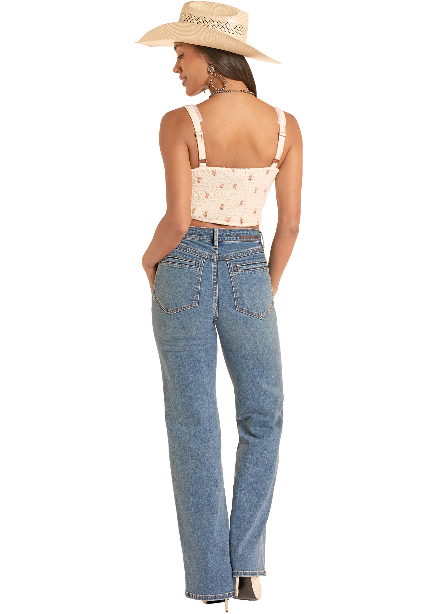 Rock&Roll Demin Smocked tie Top in White (Women's)