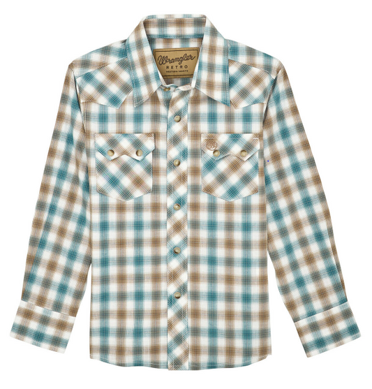 WRANGLER BOYS RETRO WESTERN SHIRT - TAN/BLUE