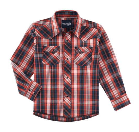 Wrangler Boys Orange Plaid Long Sleeve Western Snap Shirt