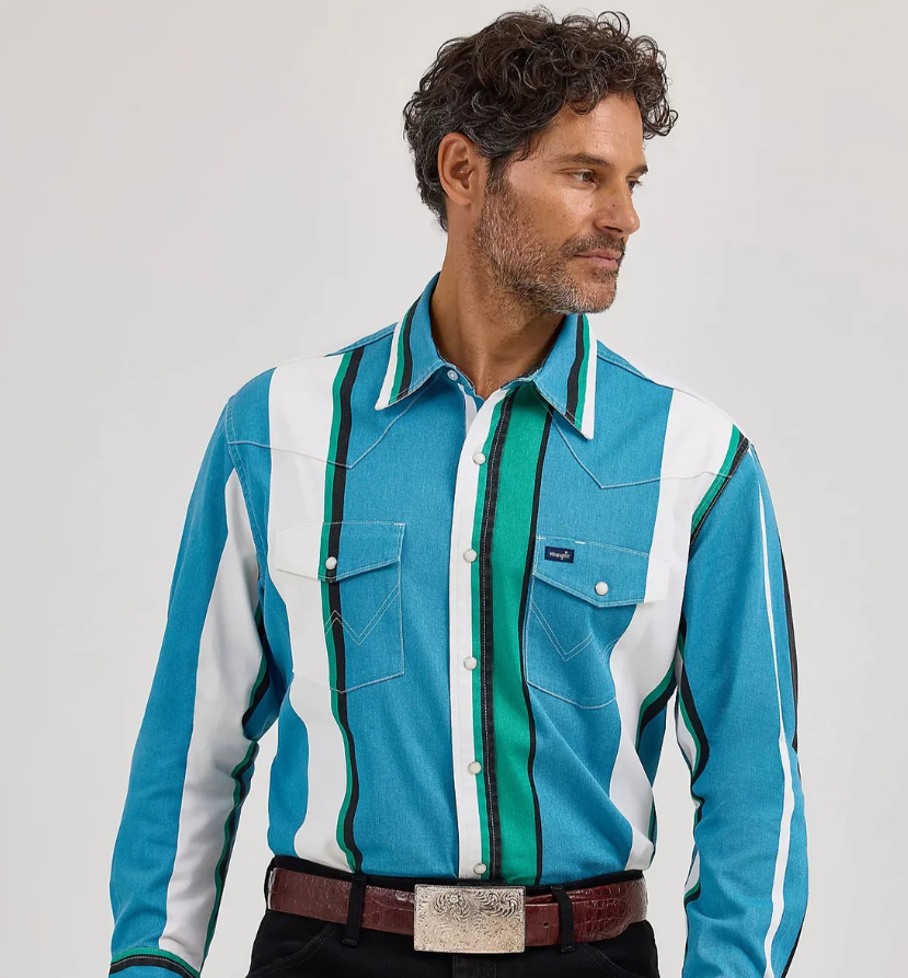 Wrangler Brushpopper Western Snap Work Shirt in Azure Stripe