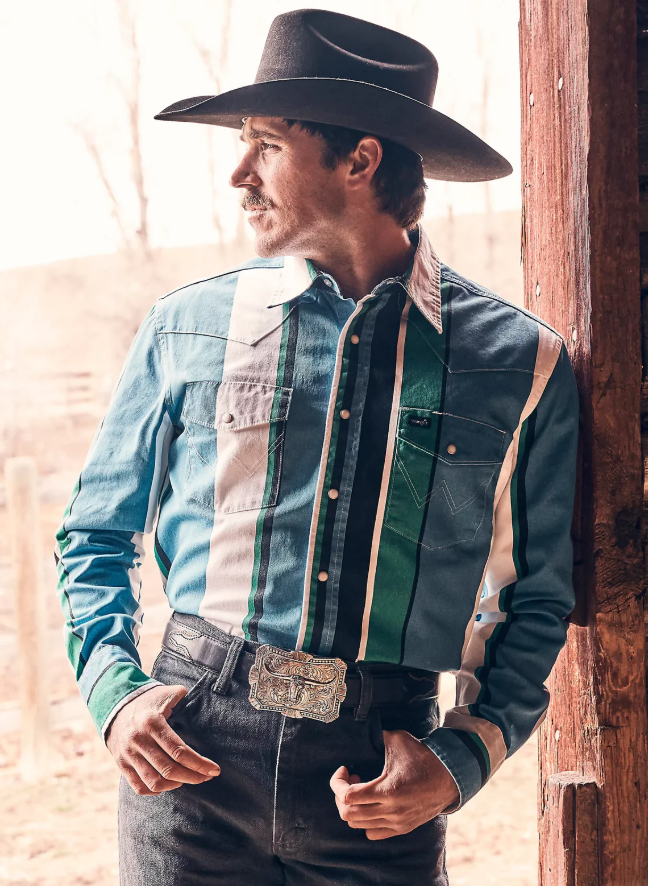 Wrangler Brushpopper Western Snap Work Shirt in Azure Stripe