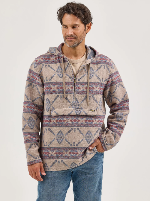 Wrangler Men's Jacquard Quarter Zip Hooded Popover Jacket
