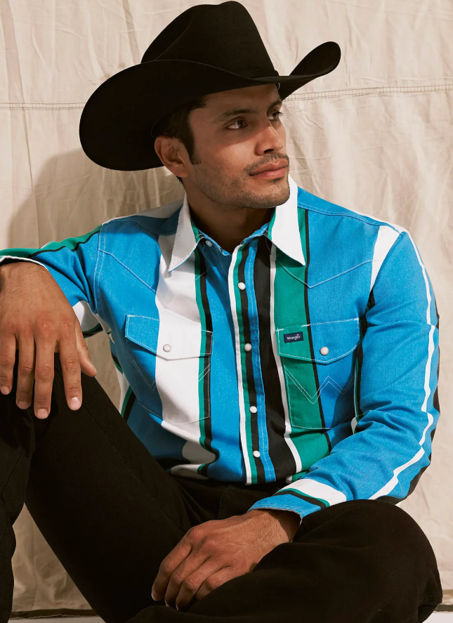 Wrangler Brushpopper Western Snap Work Shirt in Azure Stripe
