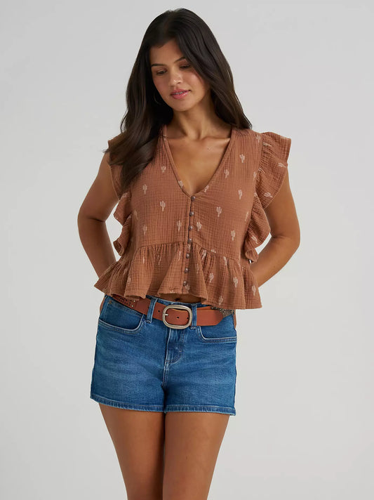 Wrangler Women's Gauzy Flutter Sleeve Blouse in Brown (Women's)