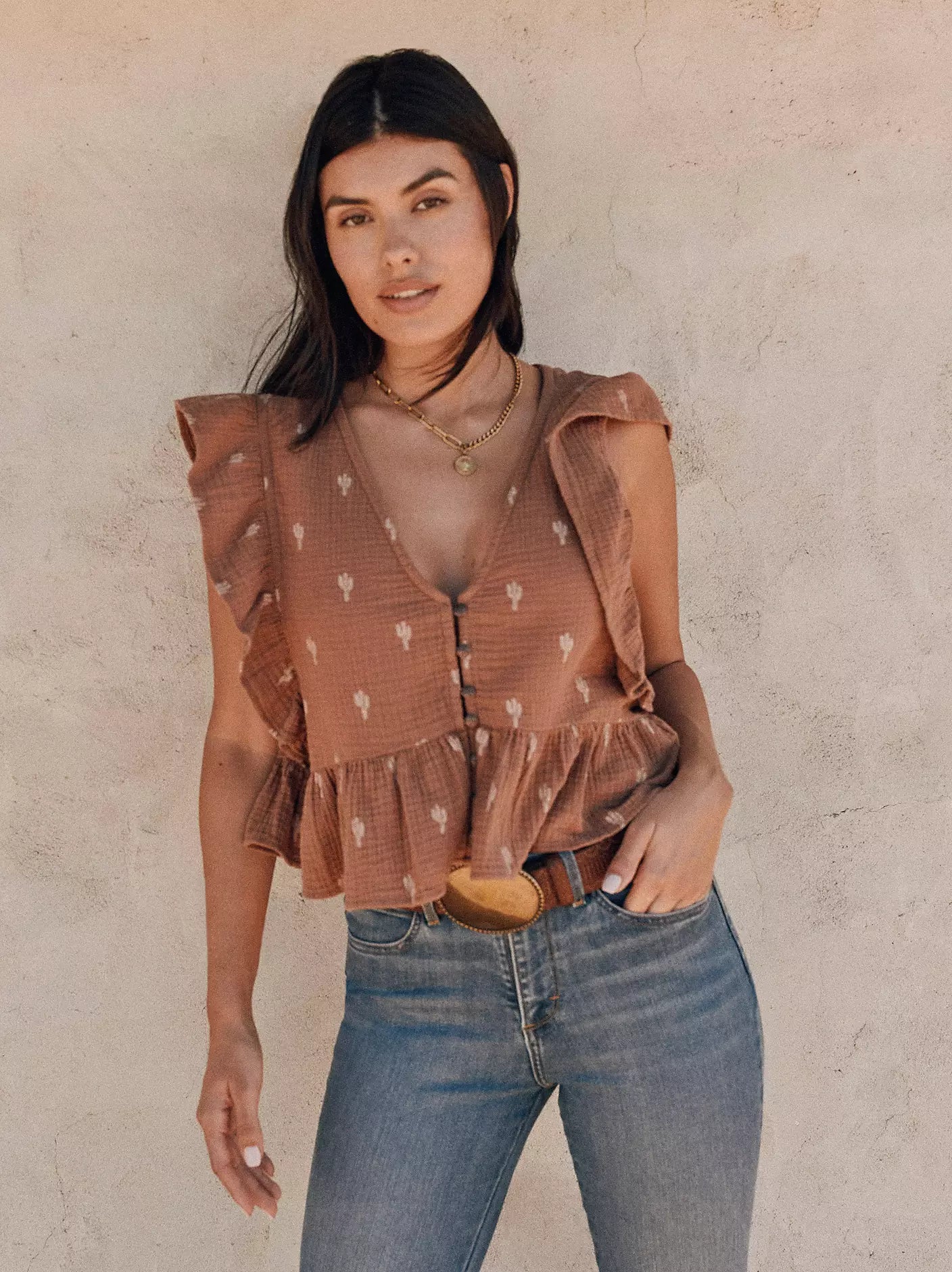Wrangler Women's Gauzy Flutter Sleeve Blouse in Brown (Women's)