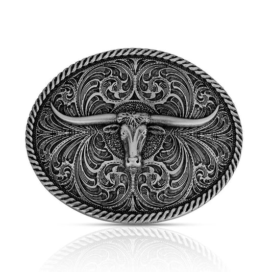Oval Longhorn Classic Antiqued Attitude Belt Buckle