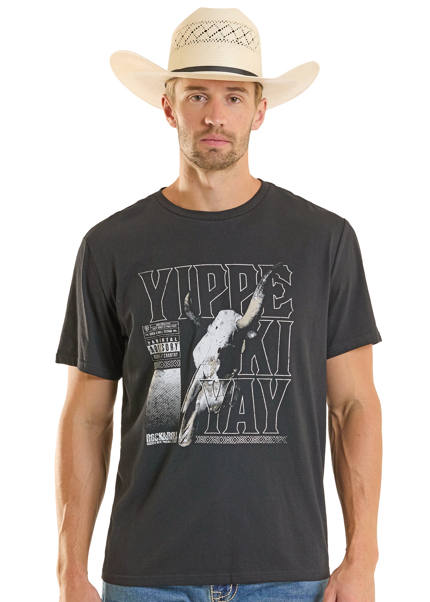 Rock&Roll Demin Yippe Ki Yay Skull Graphic T-Shirt (Men's)