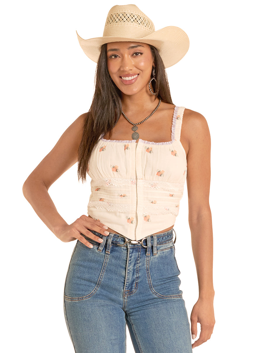 Rock&Roll Demin Flower Print Laced Corset Top in White (Women's)