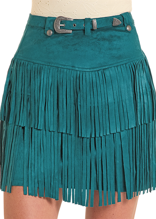 Rock & Roll Denim Microsuede Fringe Skirt (Women's)