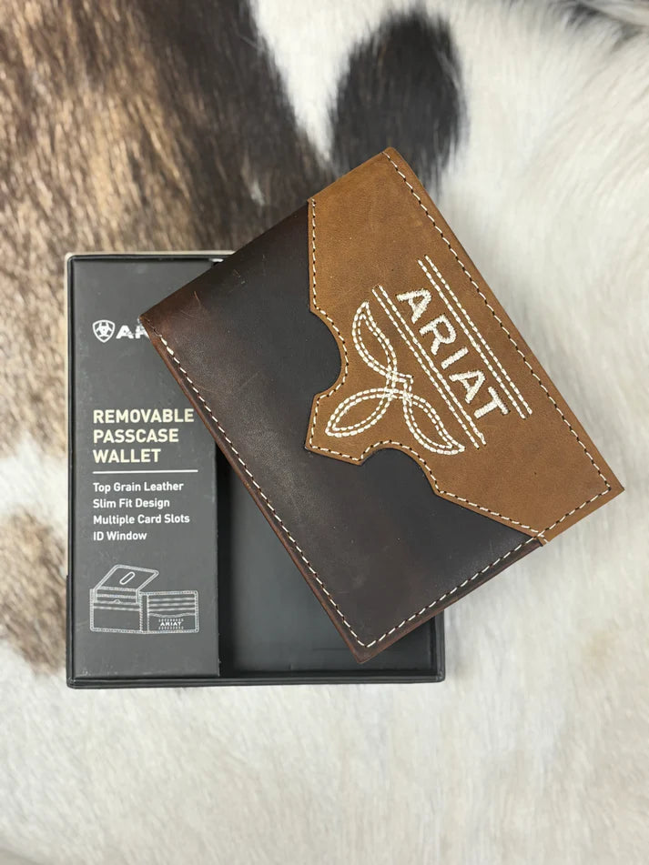 Ariat Stitched Logo Leather Removable Passcase Bi-Fold Wallet