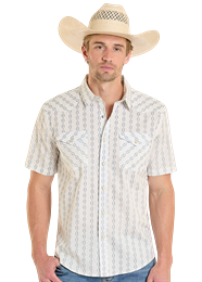 Panhandle Slim Short Sleeve Snap Shirt in White with Blue Pattern (Men's)