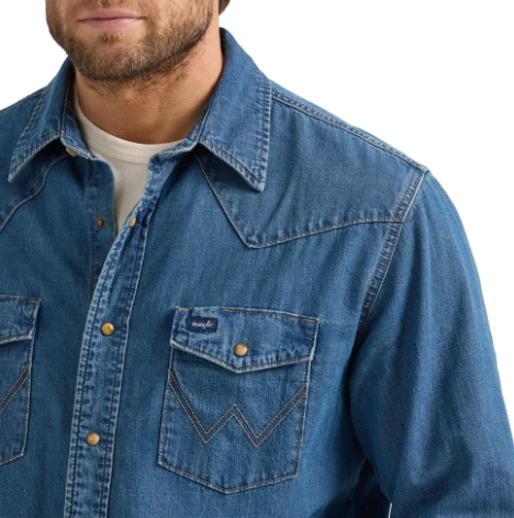 Men's Wrangler Denim Long Sleeve Shirt - Mid Wash