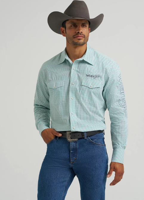 Wrangler® Logo Long Sleeve Western Snap Shirt (Men's)