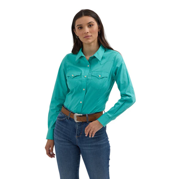 Wrangler Retro® Long Sleeve Solid Shirt in Bright Aqua (Women's)
