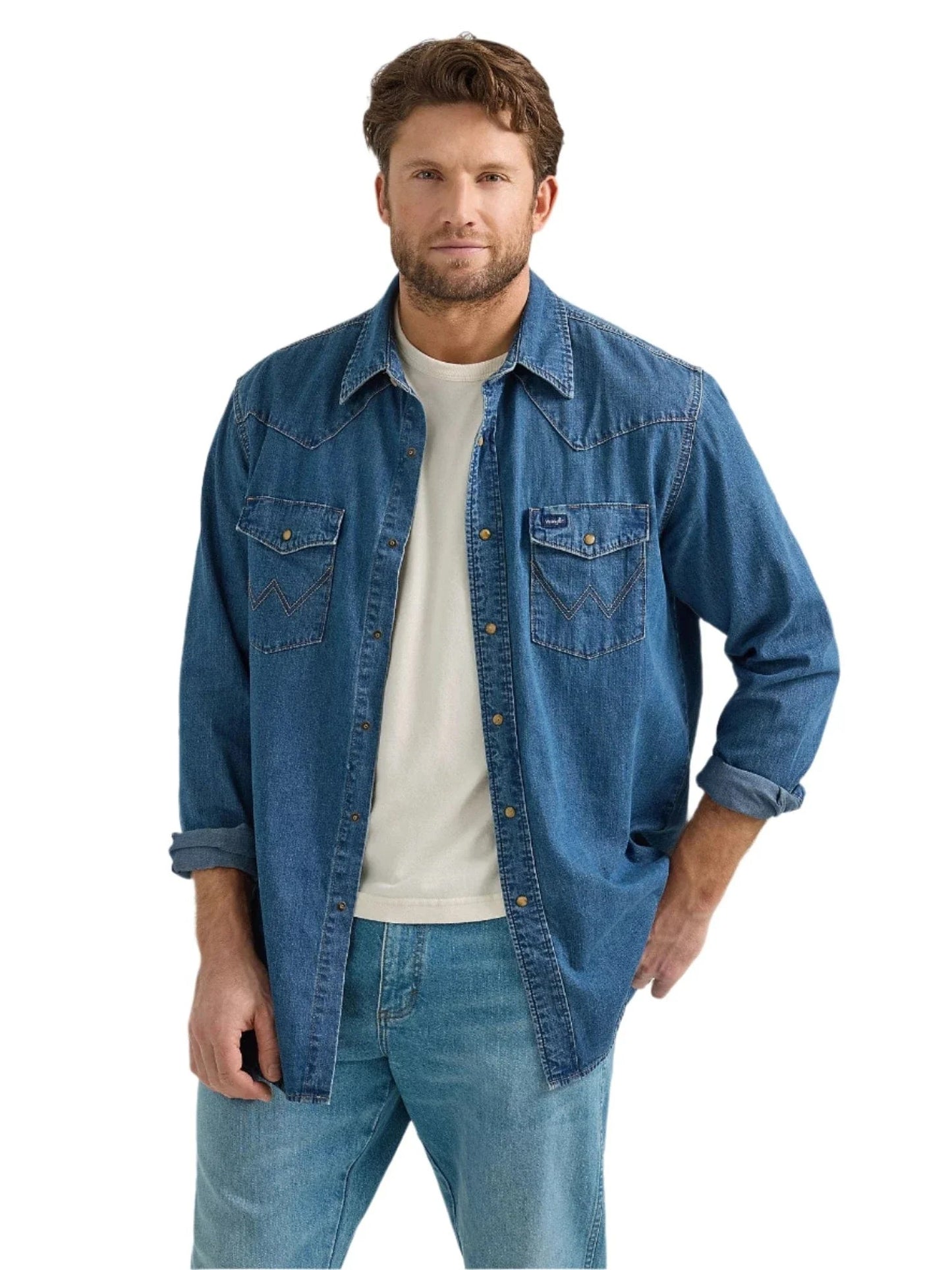 Men's Wrangler Denim Long Sleeve Shirt - Mid Wash